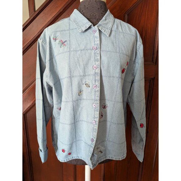 Christopher & Banks XL Denim Embroidered Button-Up Shirt Dragonflies Ladybugs - Picture 1 of 10